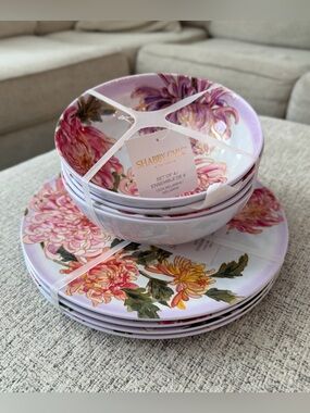 Shabby Chic 8 Pc Melamine Dinnerware Set 4 Plates 4 Bowls Floral Chrysanthemum